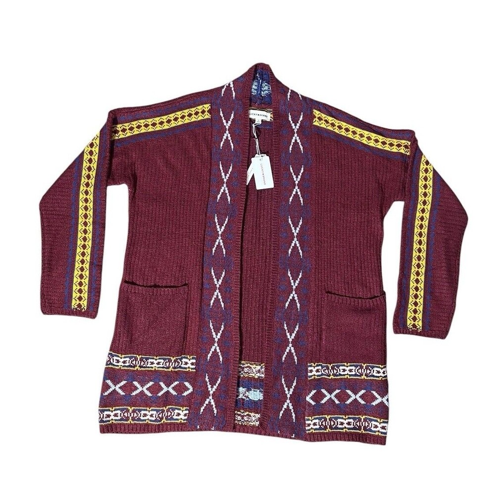 Lucky Brand Maroon Southwest Tribal Design Open Front Cardigan Sweater L NWT New